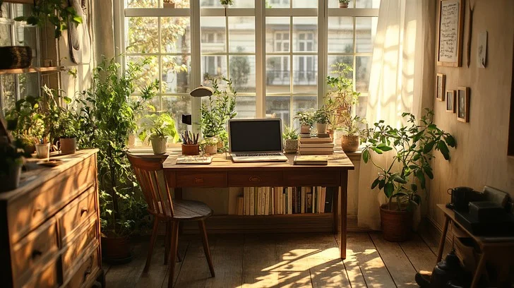 Calm office workspace with plants and organized desk setup